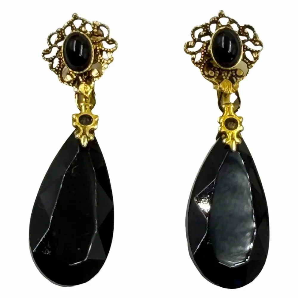 VTG 50s Gold Filigree Jet Black Glass Teardrop Victorian Revival Screw Earrings